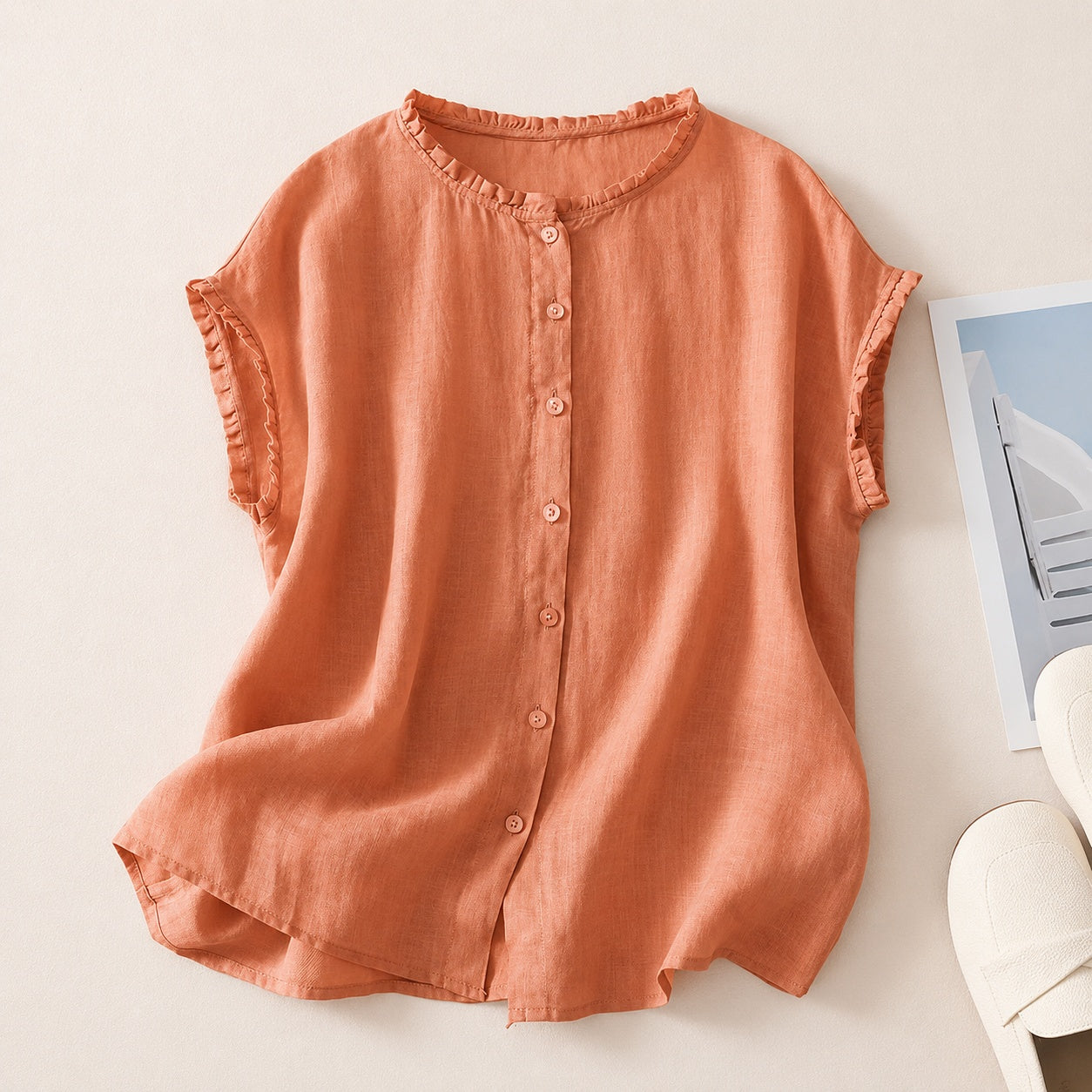 Miriam | Blusa de Lino con Volantes Mujer Sin Mangas Botones