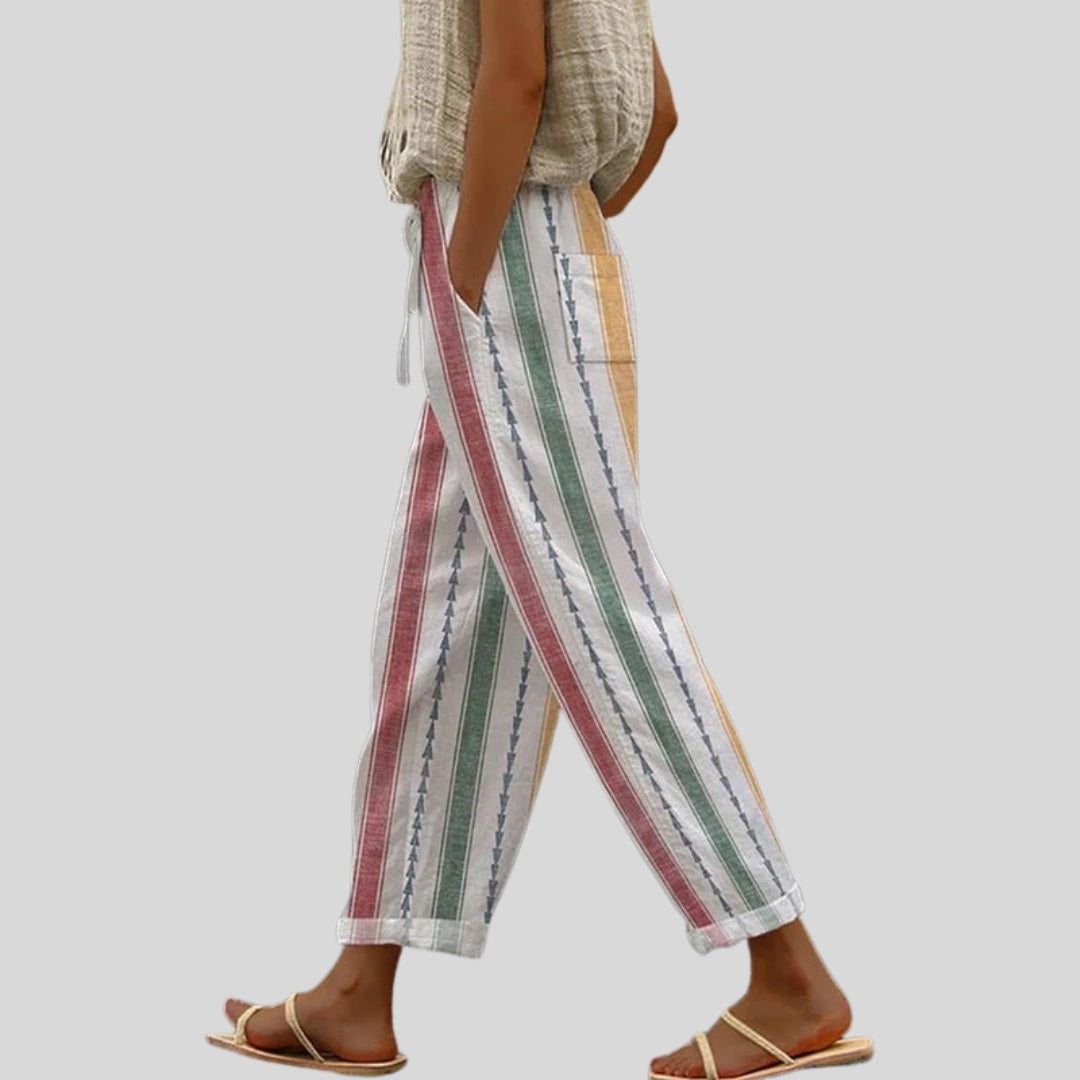 Miriam | Pantalón de Lino Palazzo Estampado Rayas Mujer Cintura Elástica