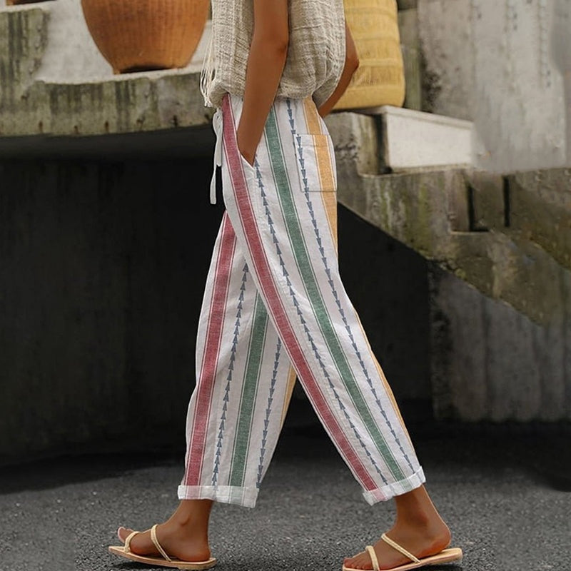 Miriam | Pantalón de Lino Palazzo Estampado Rayas Mujer Cintura Elástica