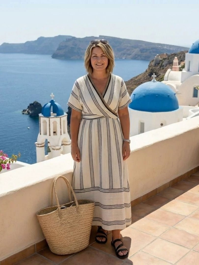 Miriam | Vestido Midi de Lino Cruzado Mujer Manga Corta