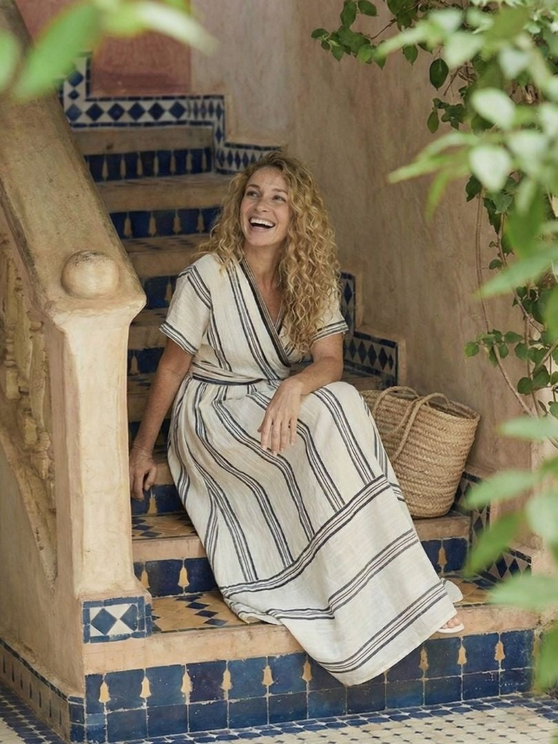 Miriam | Vestido Midi de Lino Cruzado Mujer Manga Corta