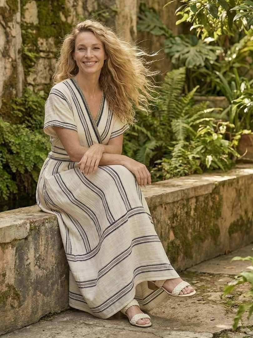 Miriam | Vestido Midi de Lino Cruzado Mujer Manga Corta