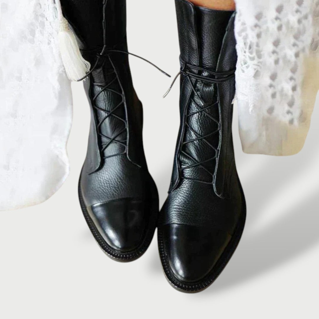 Mónica | Botas Militares de Piel Planas Mujer Cordones Caña Media