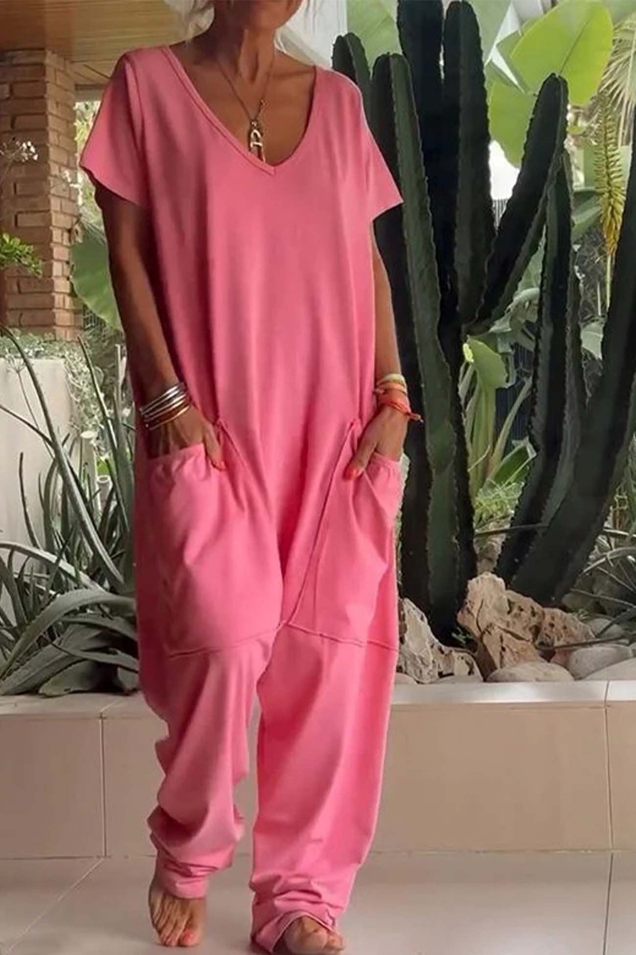 Mono Largo Casual Mujer Escote V Bolsillos