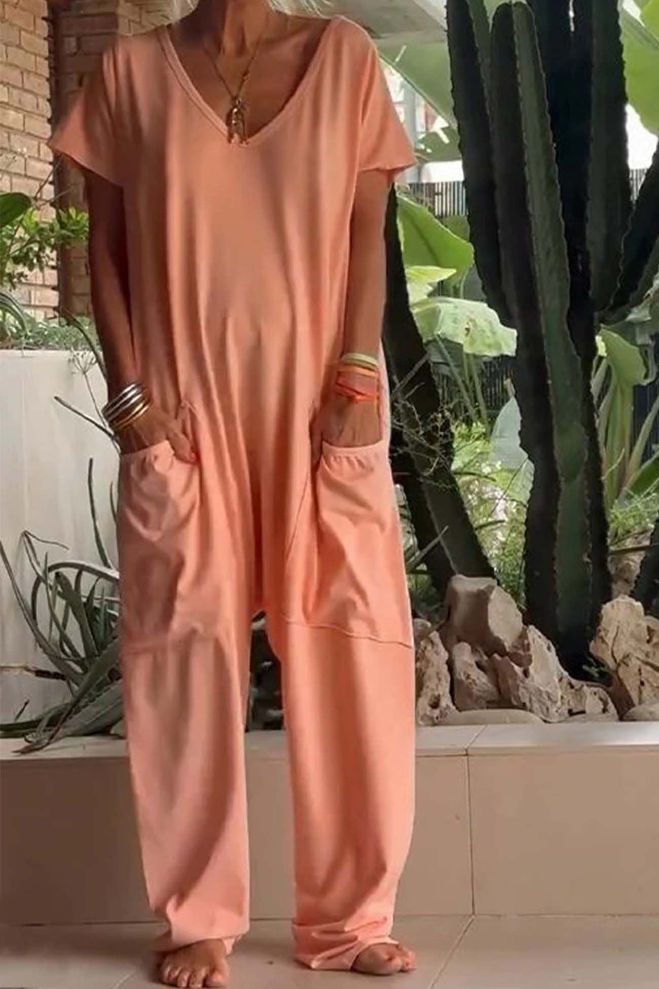 Mono Largo Casual Mujer Escote V Bolsillos