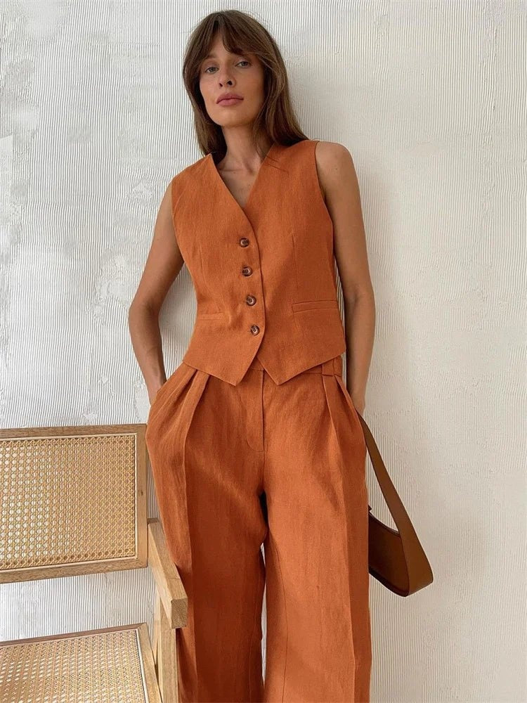 Montserrat | Conjunto Chaleco de Lino y Pantalón de Pierna Ancha Mujer