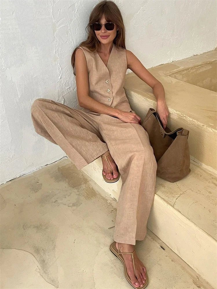 Montserrat | Conjunto Chaleco de Lino y Pantalón de Pierna Ancha Mujer