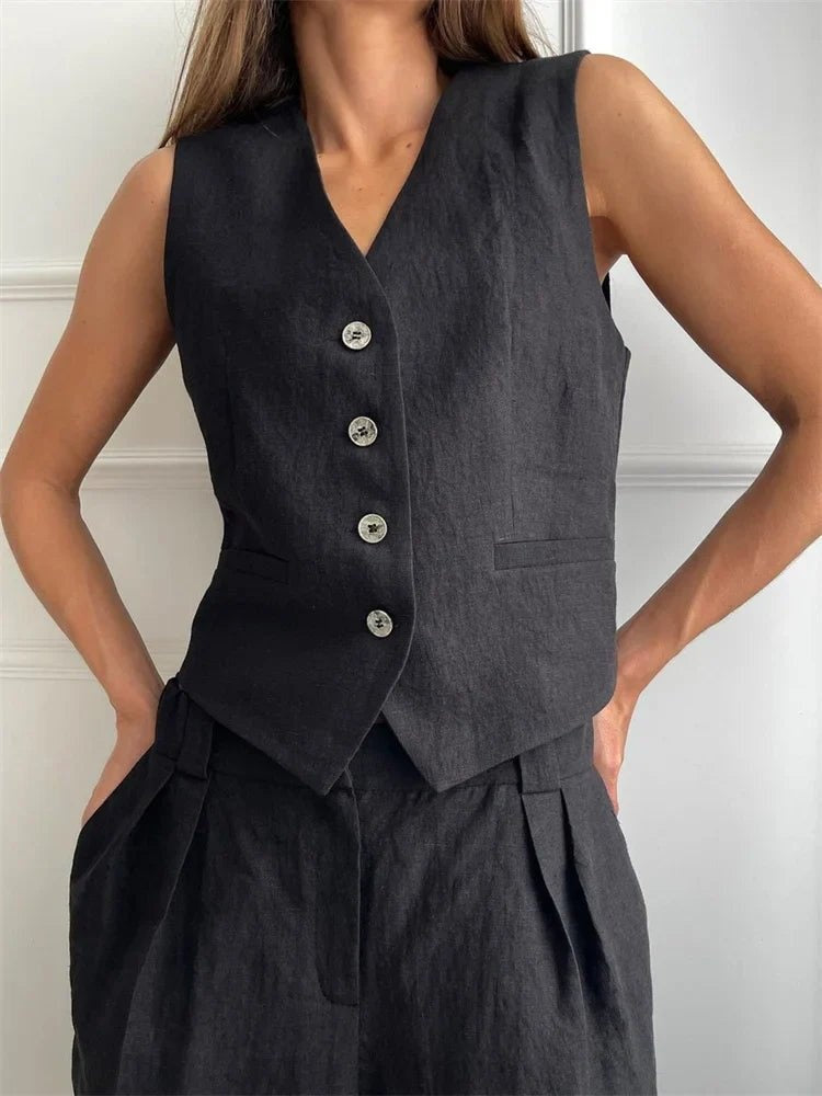 Montserrat | Conjunto Chaleco de Lino y Pantalón de Pierna Ancha Mujer