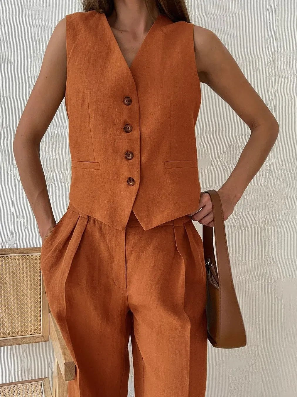 Montserrat | Conjunto Chaleco de Lino y Pantalón de Pierna Ancha Mujer