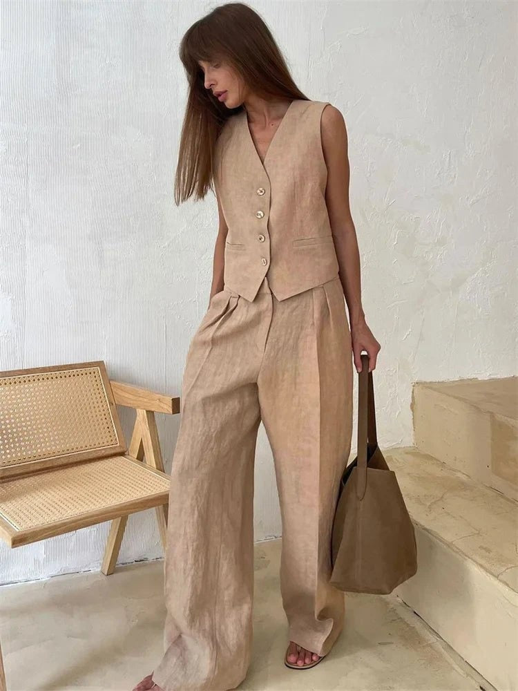 Montserrat | Conjunto Chaleco de Lino y Pantalón de Pierna Ancha Mujer