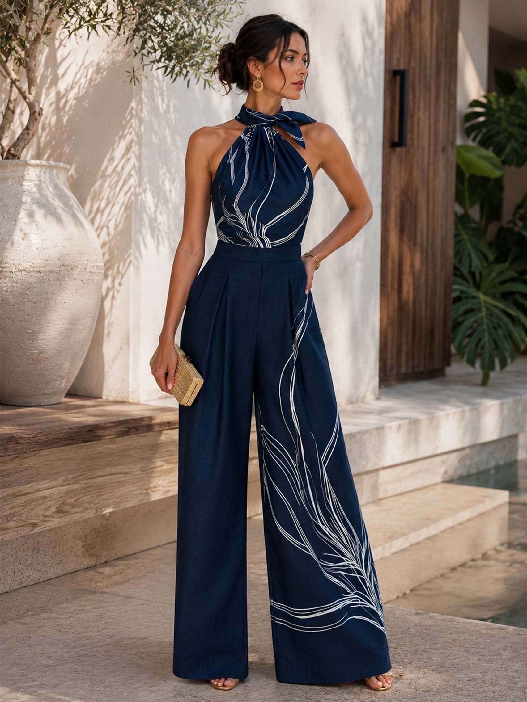 Montserrat | Conjunto Palazzo de Lino y Blusa Halter Mujer Estampado
