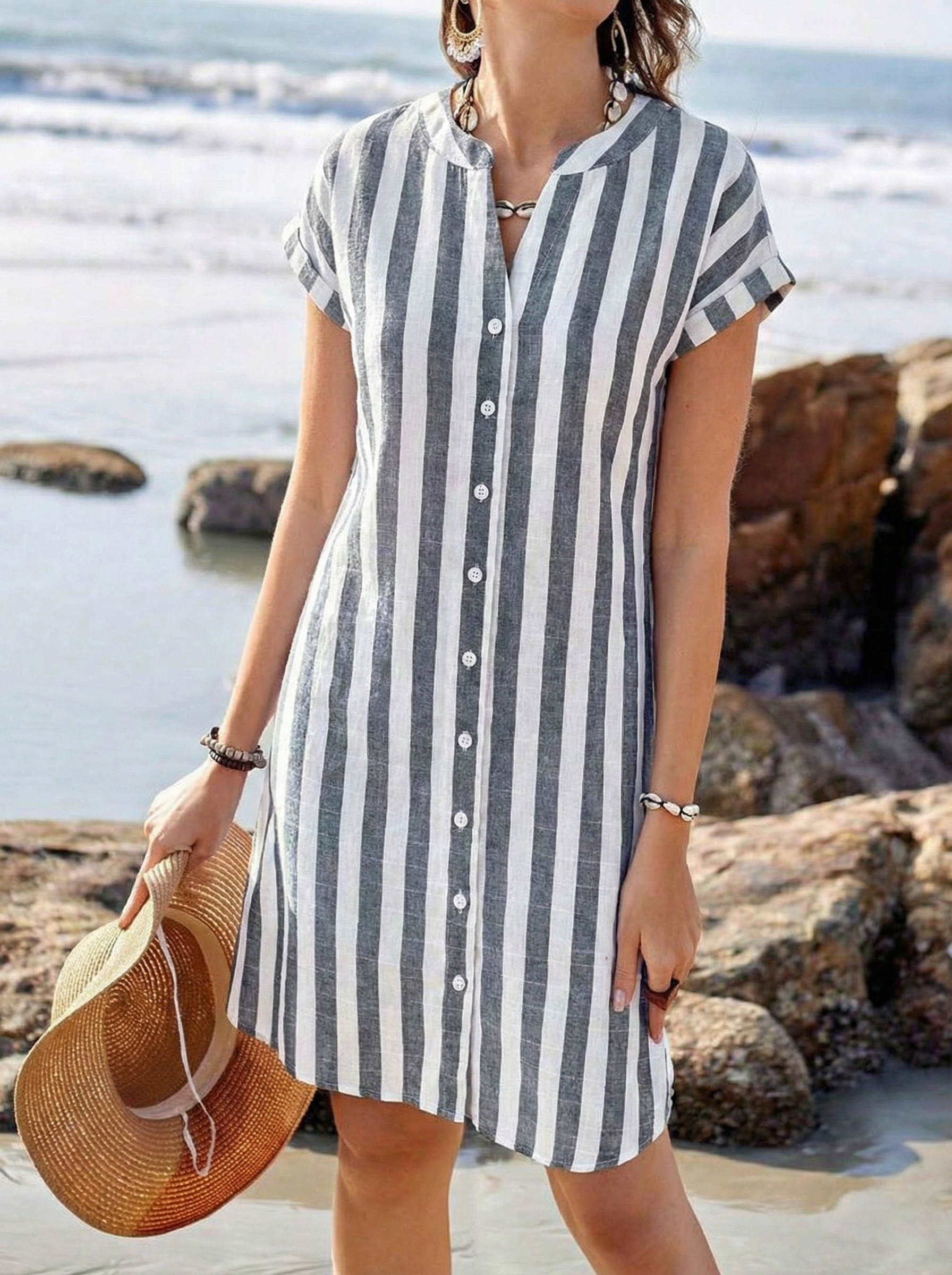 Montserrat | Vestido Corto Camisero a Rayas Mujer Manga Corta