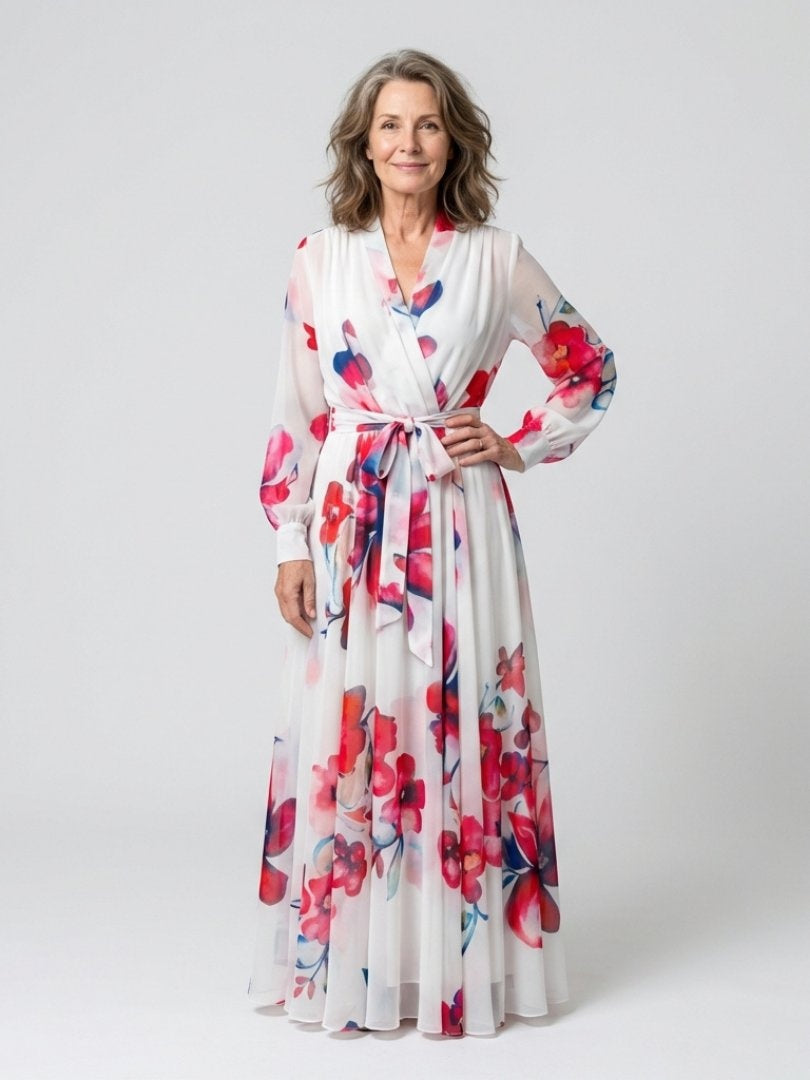 Montserrat | Vestido Largo de Madrina Floral Mujer Manga Larga Cinturón