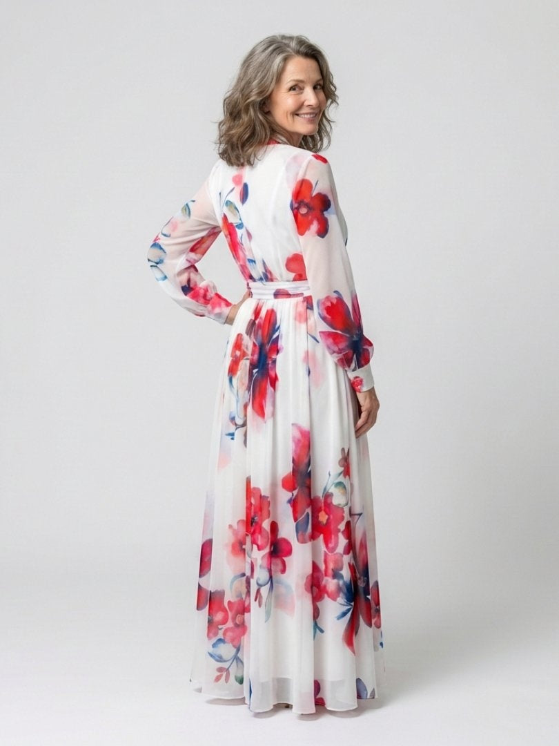 Montserrat | Vestido Largo de Madrina Floral Mujer Manga Larga Cinturón