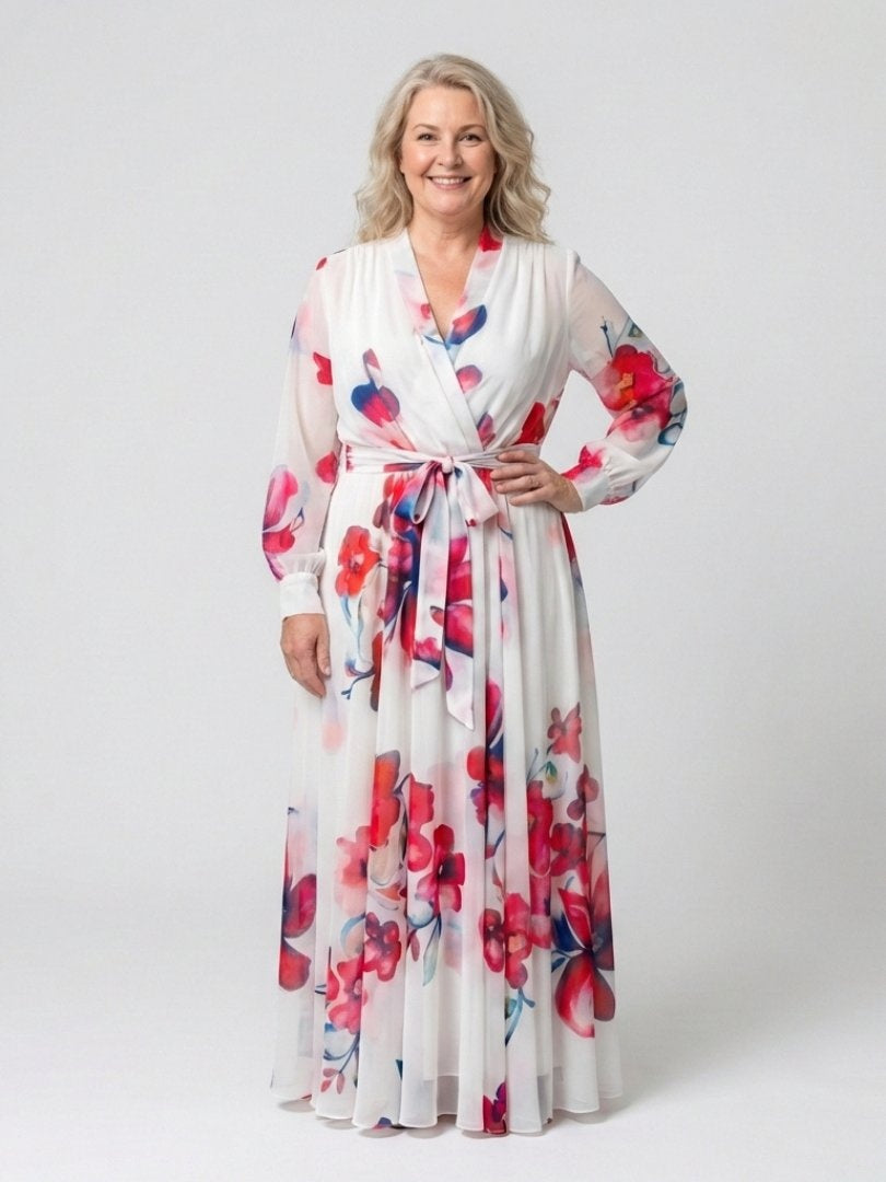 Montserrat | Vestido Largo de Madrina Floral Mujer Manga Larga Cinturón