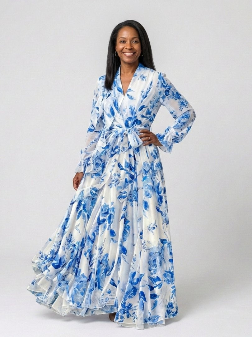 Montserrat | Vestido Largo de Madrina Floral Mujer Manga Larga Cinturón