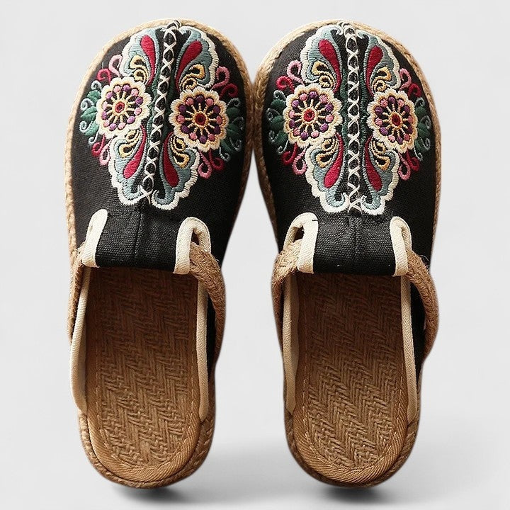 Mules Bordadas Florales Mujer Sin Talón