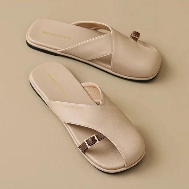 Mules de Cuero con Correa Cruzada Mujer Punta Cuadrada