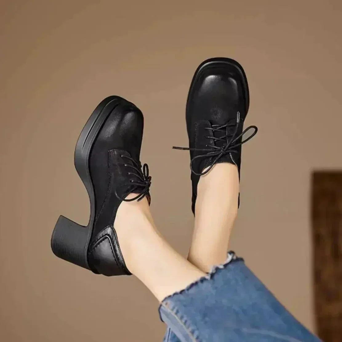Nadia | Zapatos Oxford Mujer Tacón Bloque Cordones Punta Cuadrada