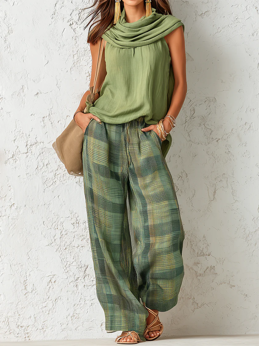 Natalia | Conjunto Pantalón de Pierna Ancha Mujer Estampado Cuadros