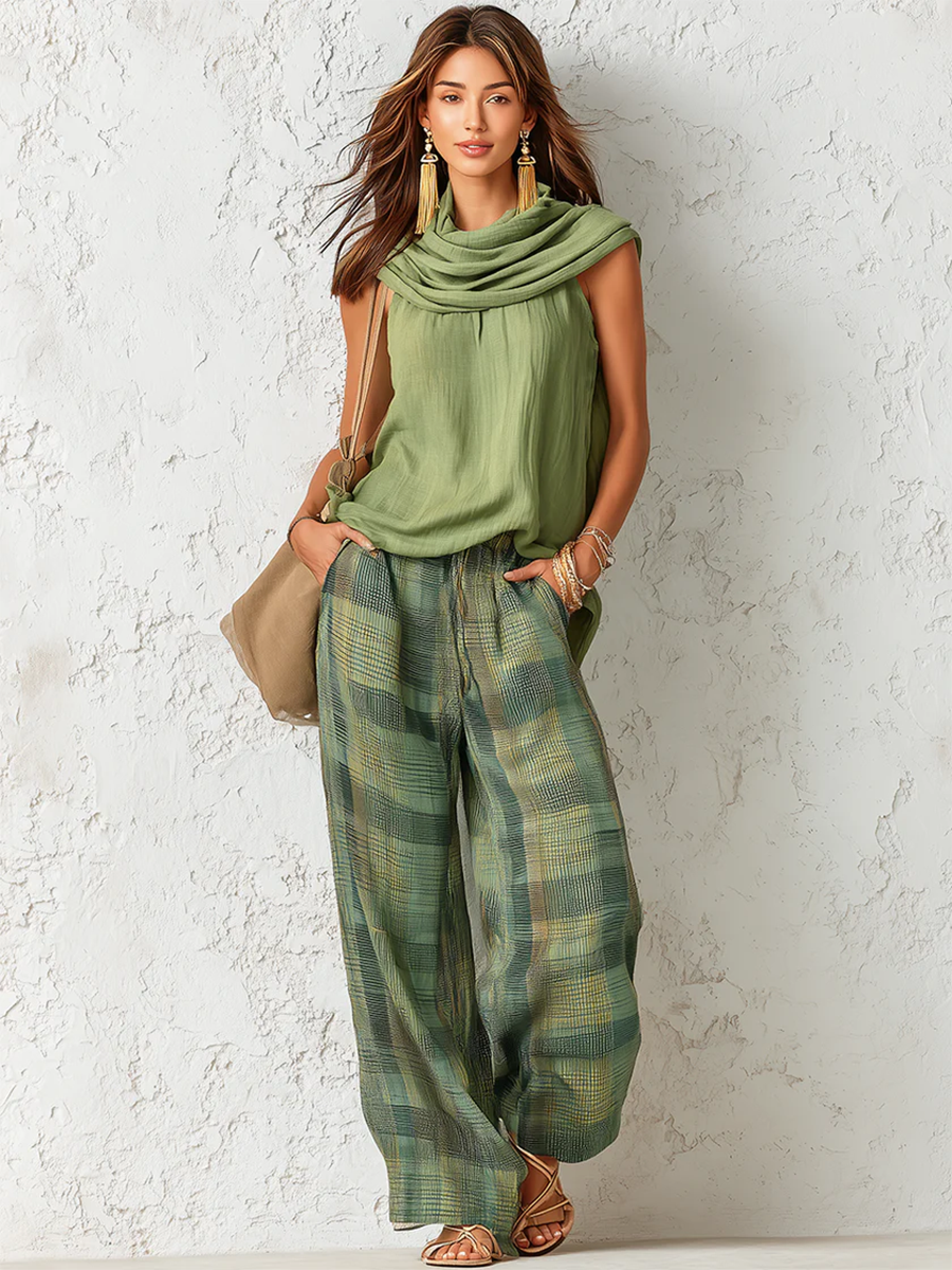 Natalia | Conjunto Pantalón de Pierna Ancha Mujer Estampado Cuadros