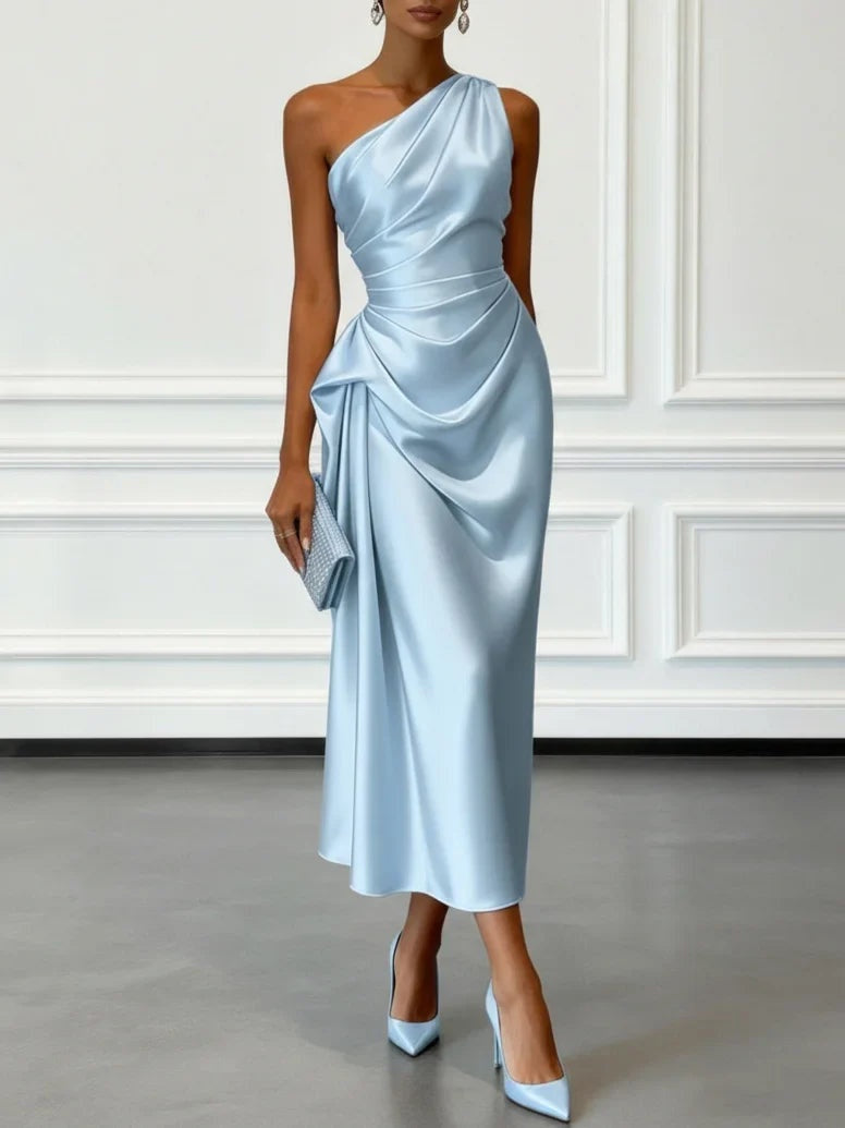 Natalia | Vestido de Fiesta Midi de Satén Un Hombro Mujer Drapeado