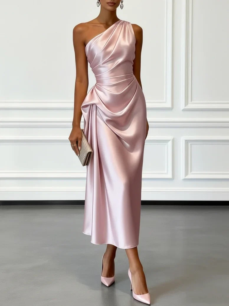 Natalia | Vestido de Fiesta Midi de Satén Un Hombro Mujer Drapeado