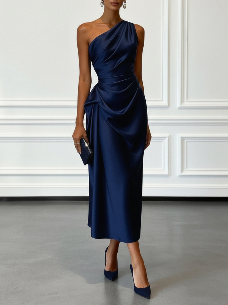 Natalia | Vestido de Fiesta Midi de Satén Un Hombro Mujer Drapeado