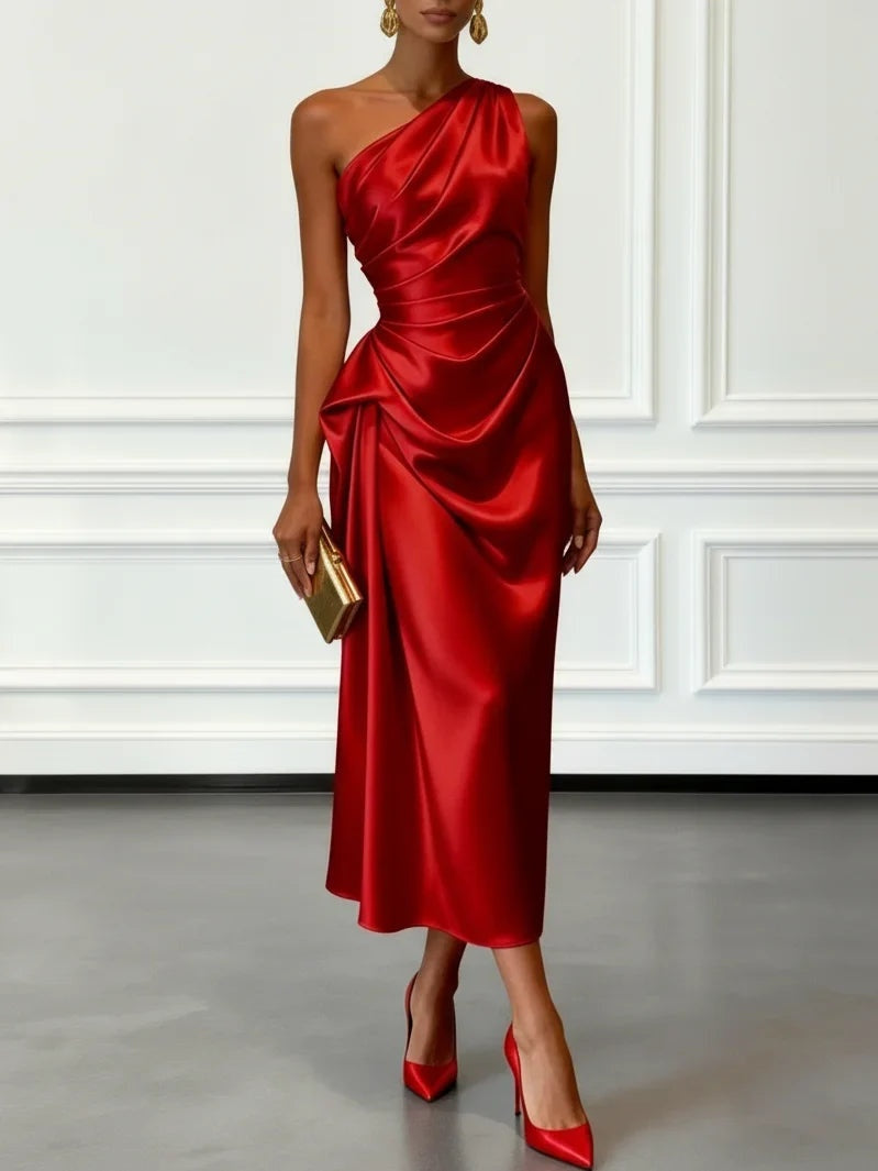 Natalia | Vestido de Fiesta Midi de Satén Un Hombro Mujer Drapeado