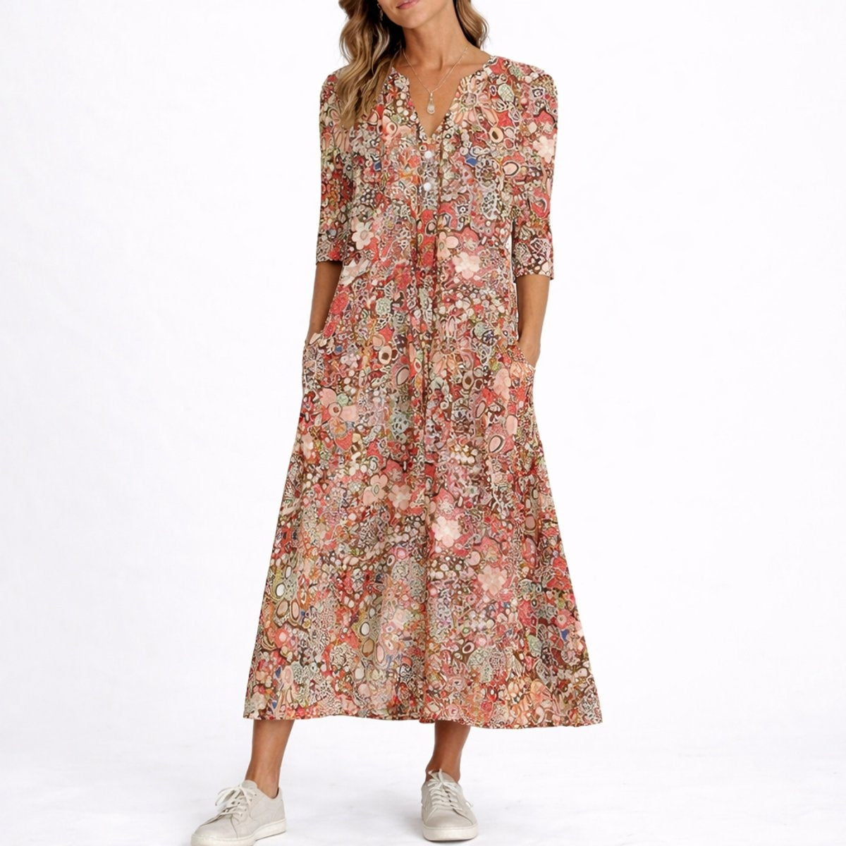 Natalia | Vestido Invitada Invierno Midi Estampado Floral Mujer Manga Tres Cuartos