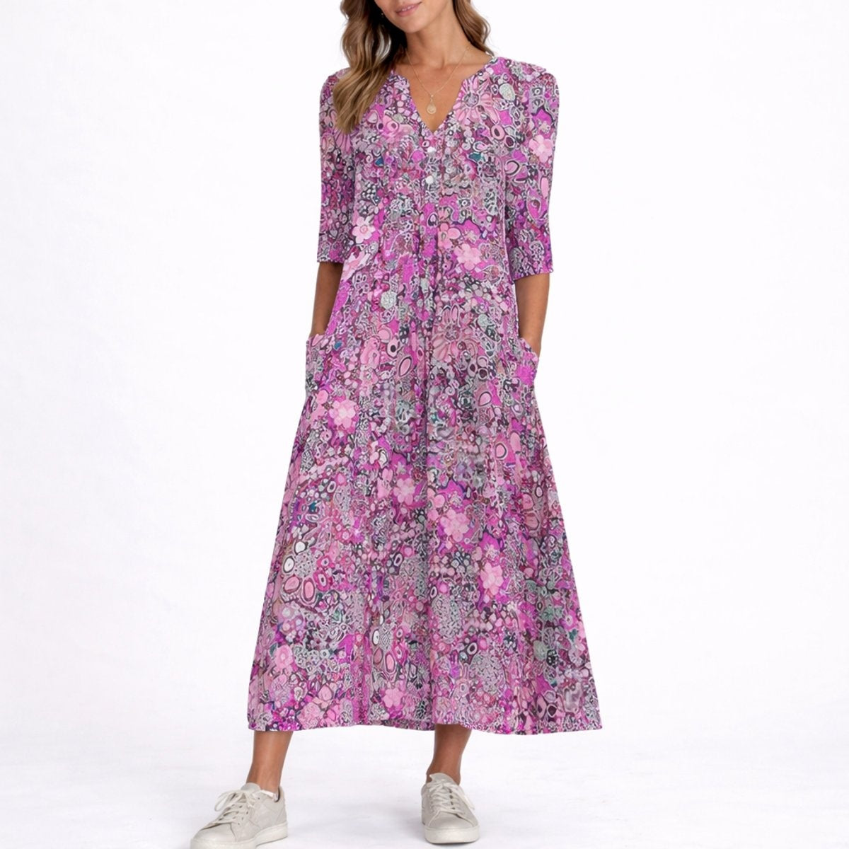 Natalia | Vestido Invitada Invierno Midi Estampado Floral Mujer Manga Tres Cuartos