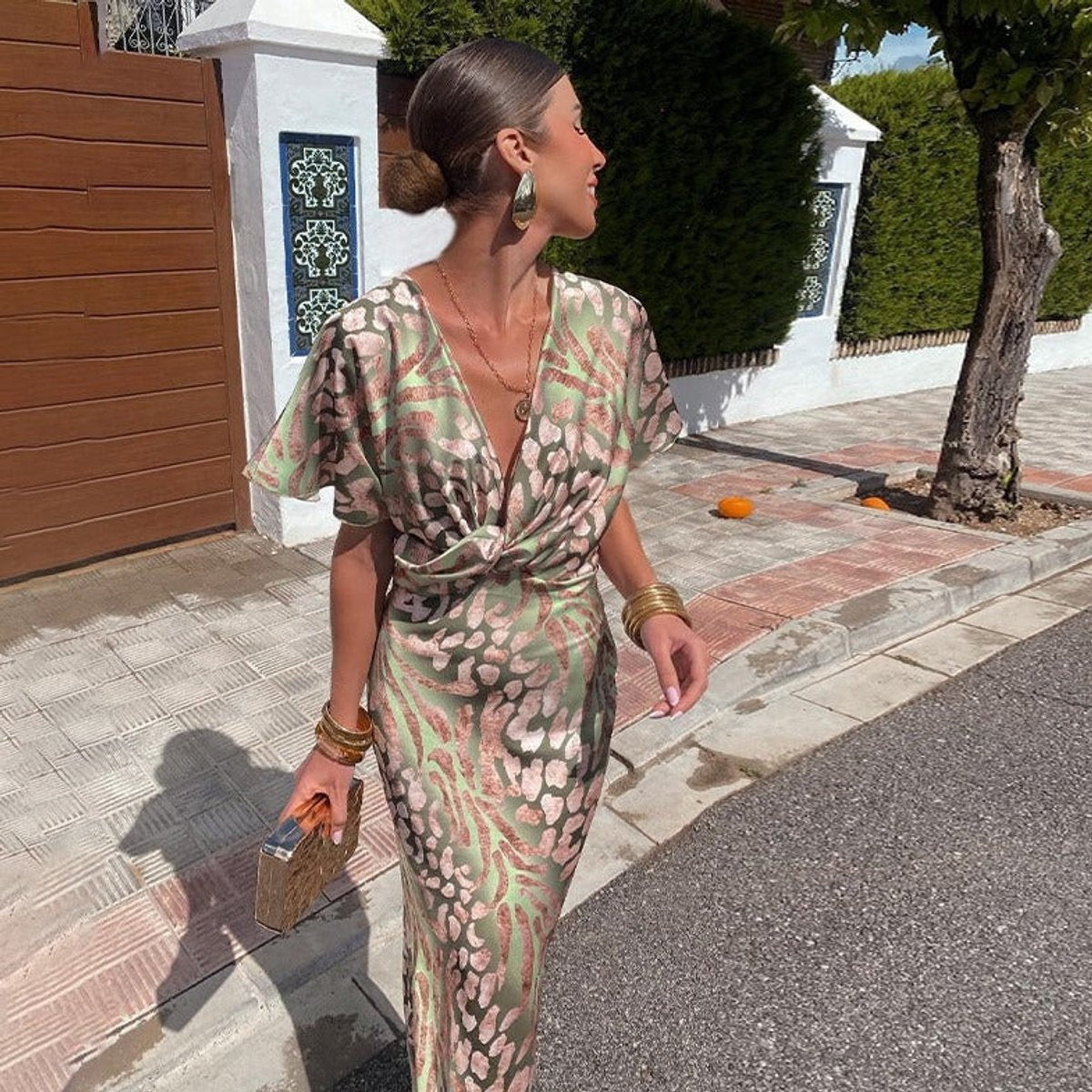 Nerea | Vestido de Fiesta Estampado Animal Print Mujer Escote V Nudo