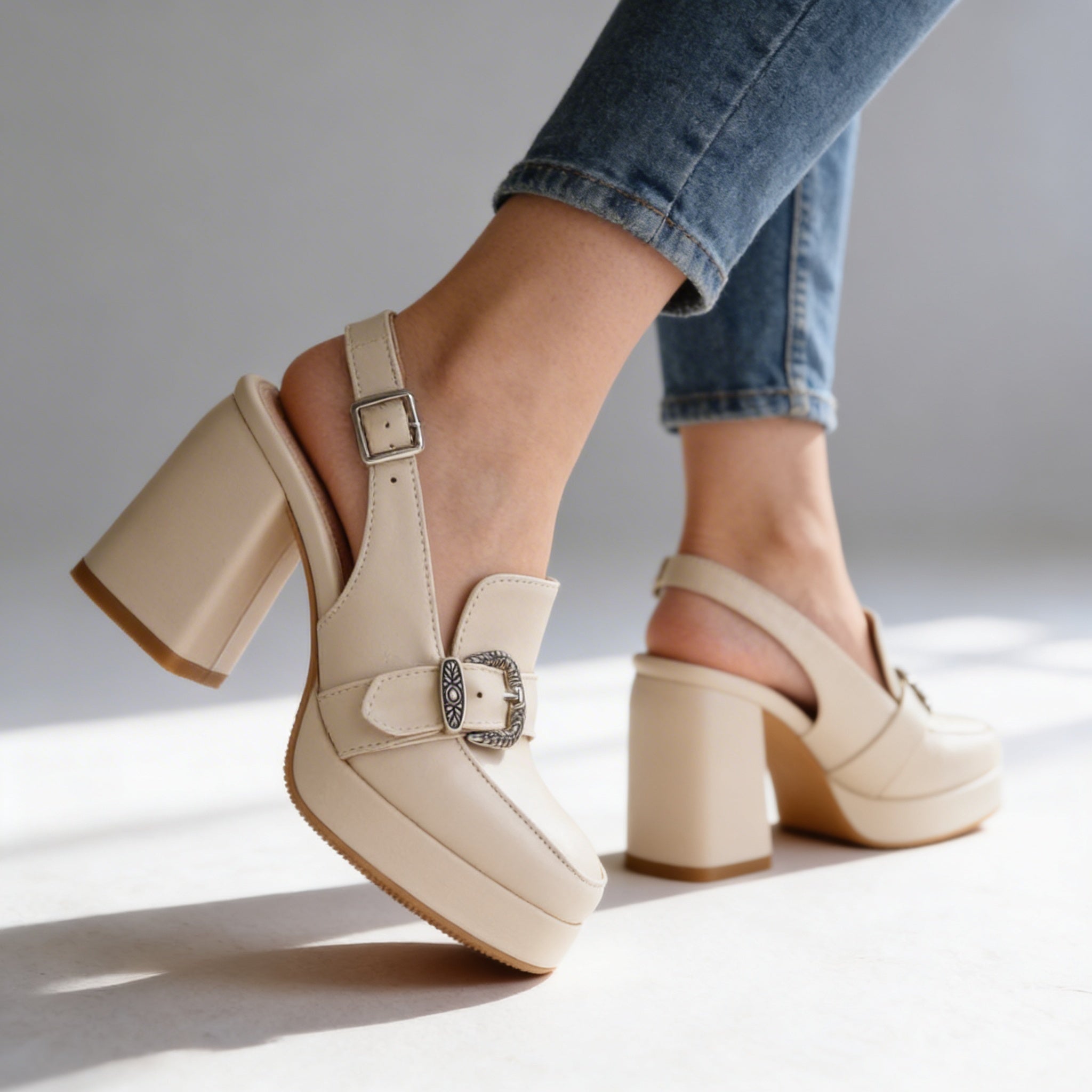 Nerea | Zapato de Tacón Bloque con Plataforma Mujer Hebilla Slingback