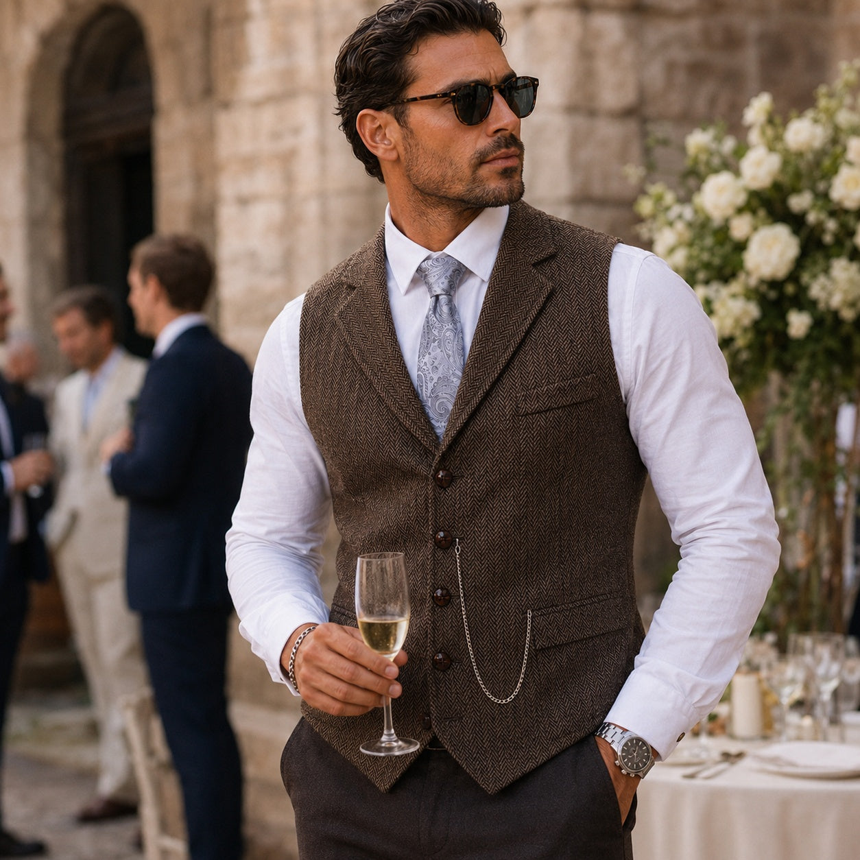Nicolás | Chaleco de Tweed Hombre Espiga Solapa Entallado