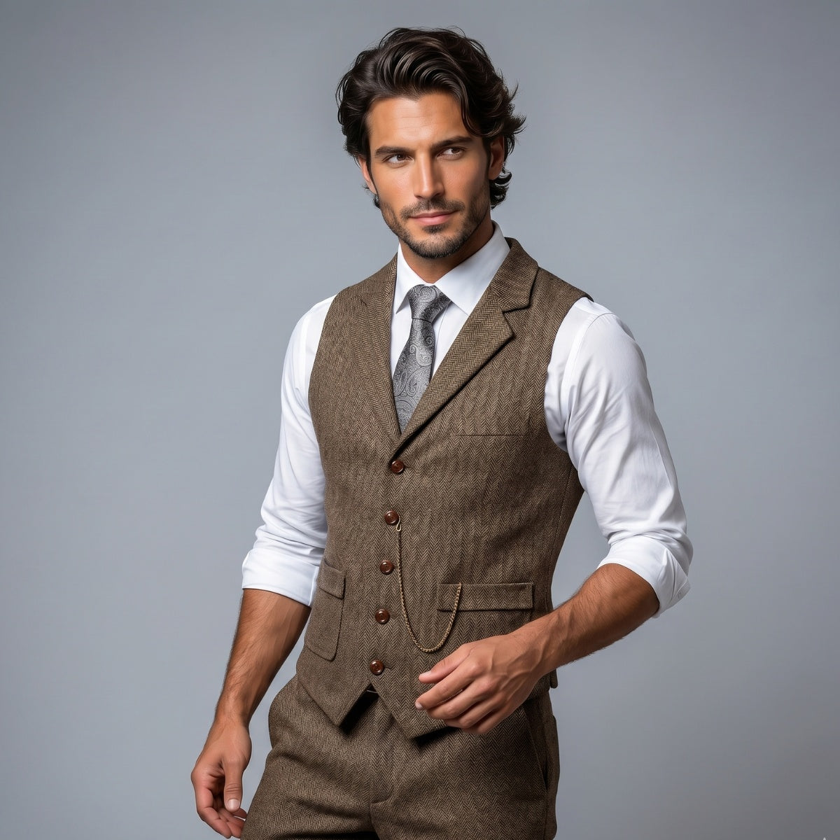 Nicolás | Chaleco de Tweed Hombre Espiga Solapa Entallado