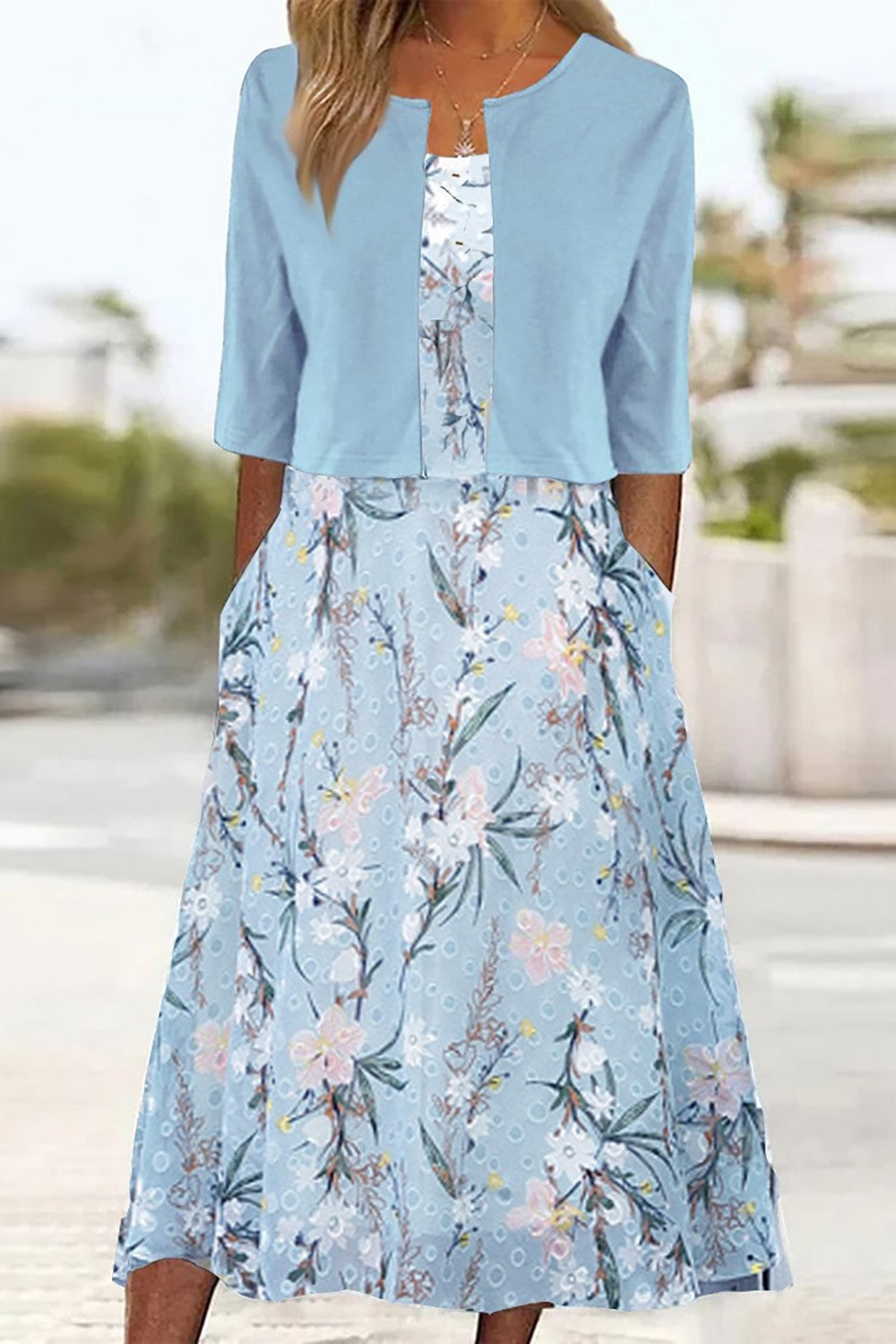 Noelia | Conjunto Vestido Floral Midi con Chaqueta Mujer Bolsillos