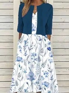 Noelia | Conjunto Vestido Floral Midi con Chaqueta Mujer Bolsillos
