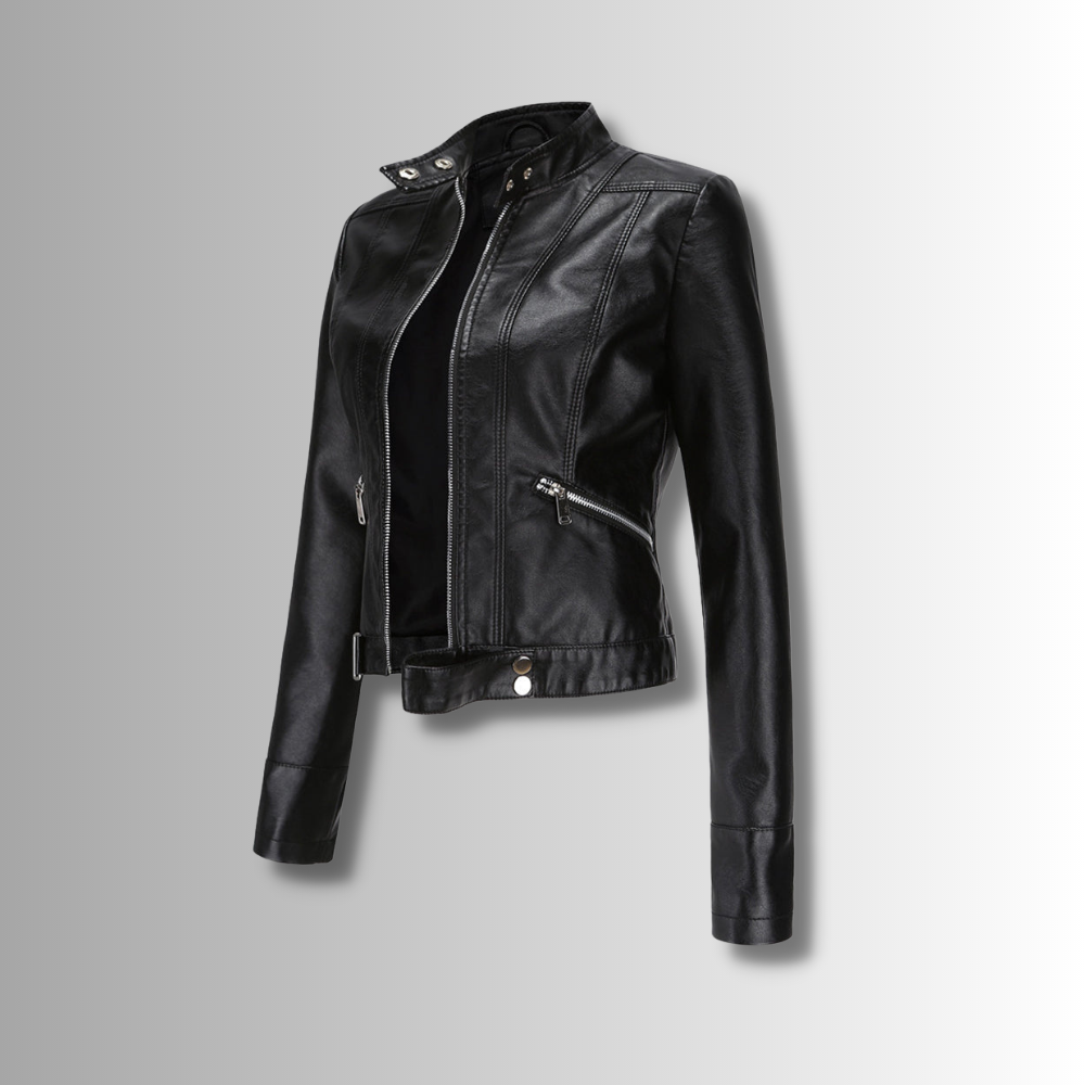 Nuria | Cazadora Biker de Piel Mujer Cuello Mao Cremallera