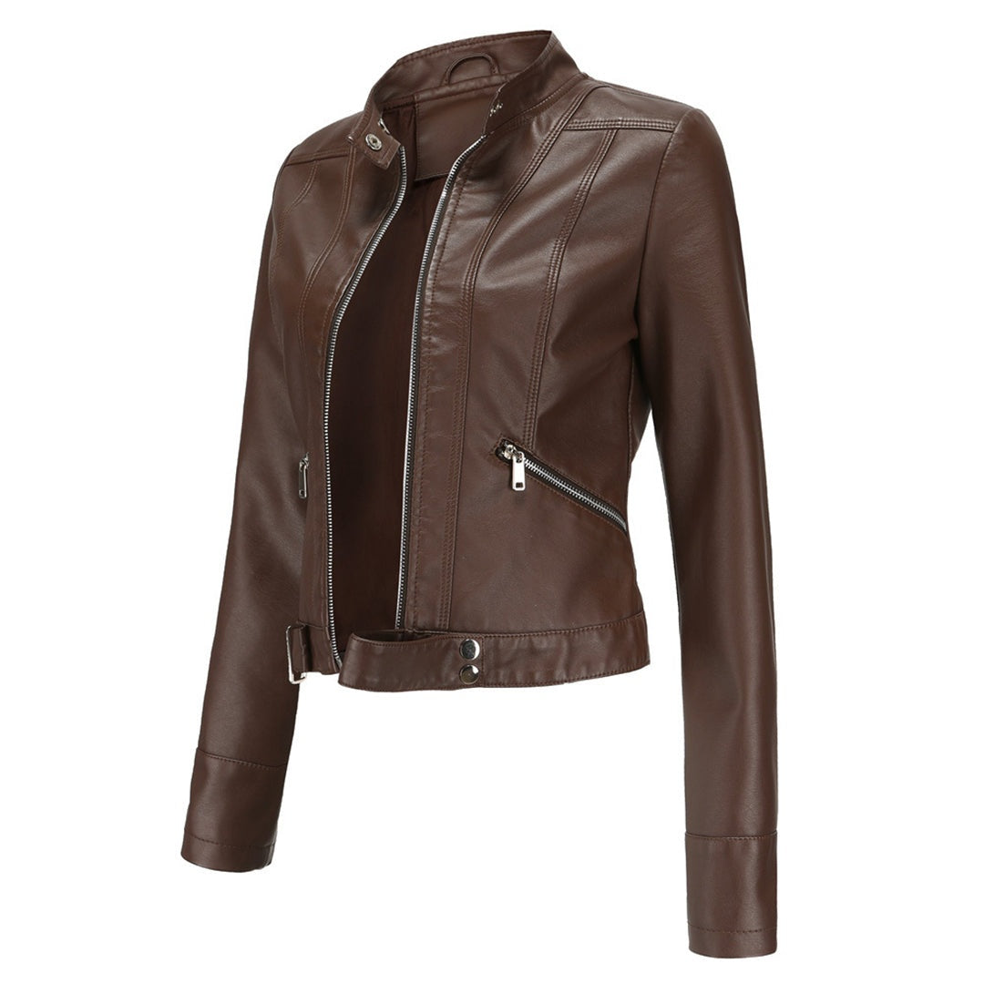 Nuria | Cazadora Biker de Piel Mujer Cuello Mao Cremallera