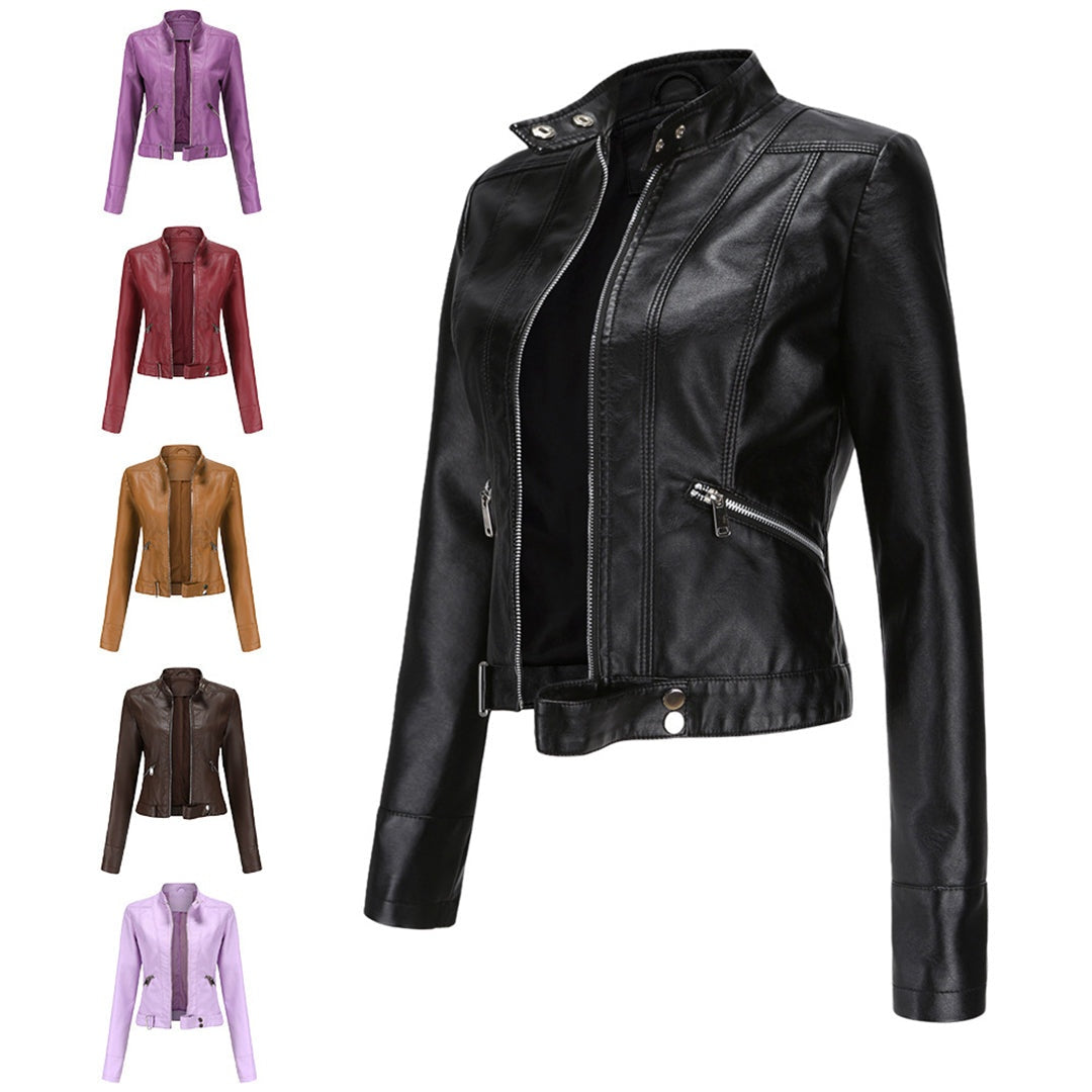 Nuria | Cazadora Biker de Piel Mujer Cuello Mao Cremallera