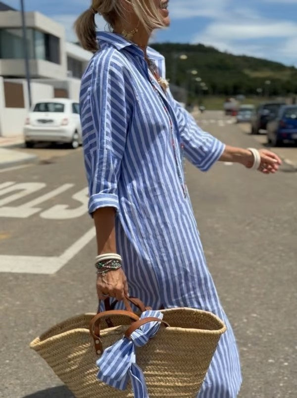 Nuria | Vestido Camisero Midi de Rayas Mujer Manga 3/4