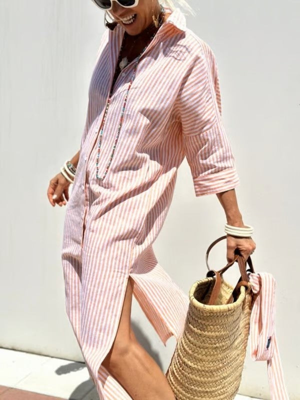 Nuria | Vestido Camisero Midi de Rayas Mujer Manga 3/4