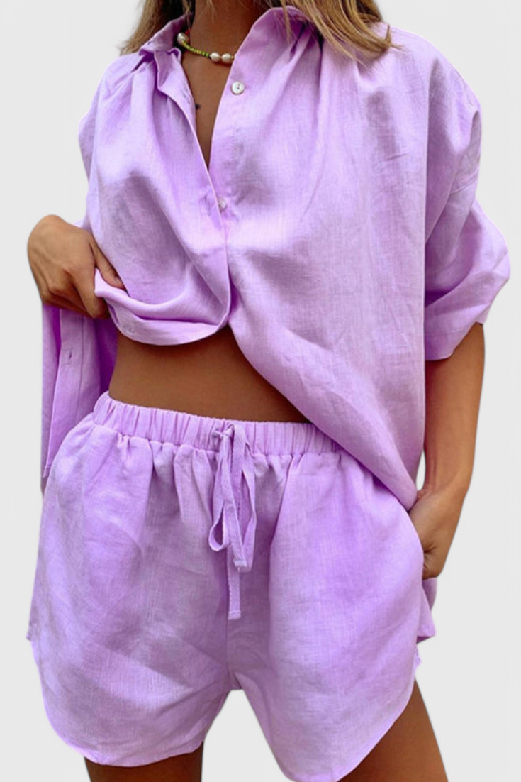 Paloma | Conjunto de Dos Piezas con Camisa de Botones y Pantalón Corto Mujer Cintura Elástica