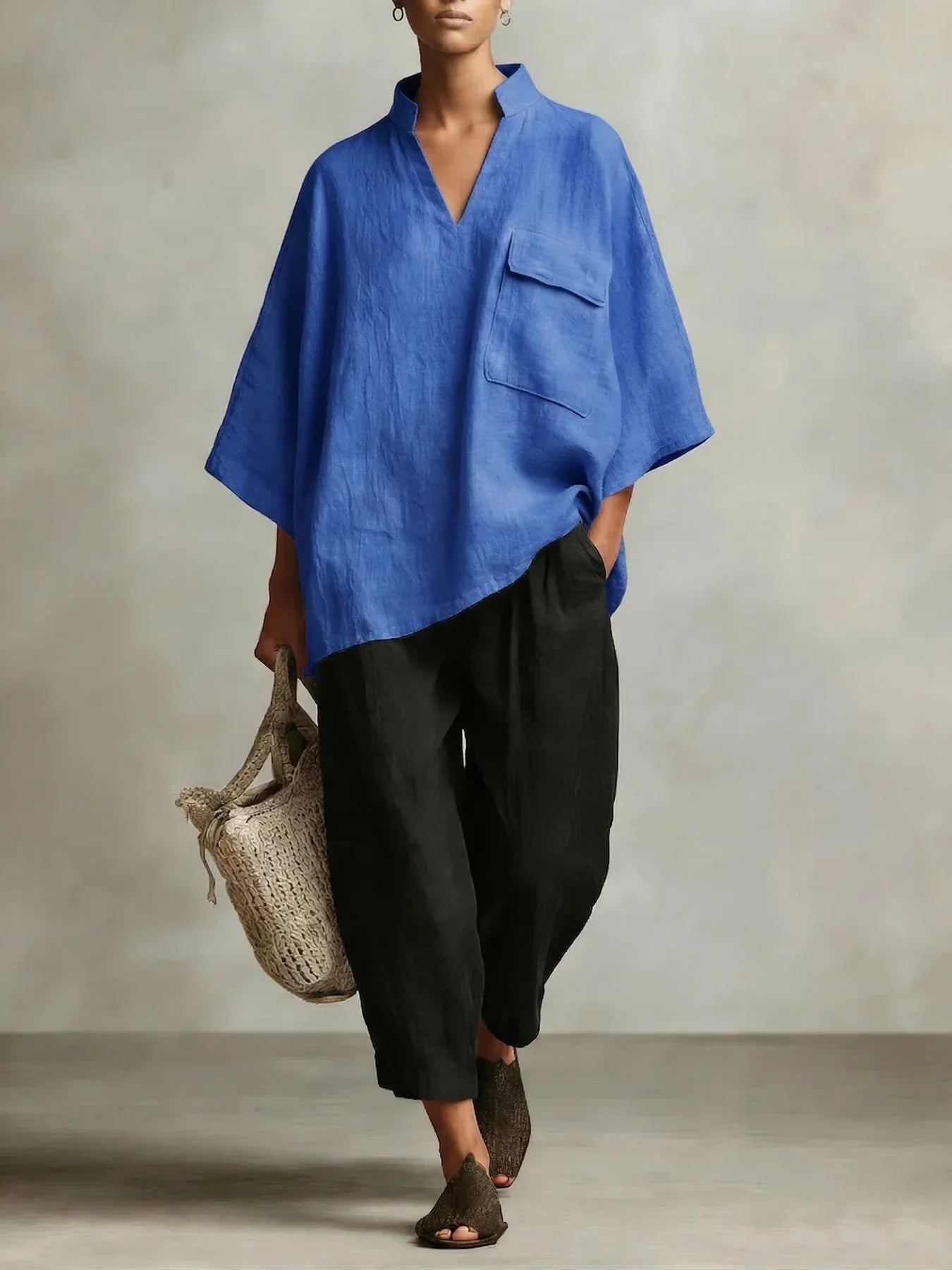 Paloma | Conjunto Poncho de Lino Mujer Dos Piezas Escote V