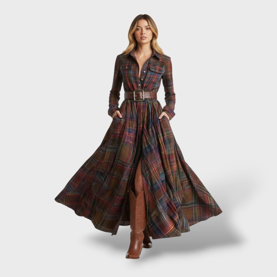 Paloma | Vestido Largo de Invitada Invierno Mujer Manga Larga Cuadros