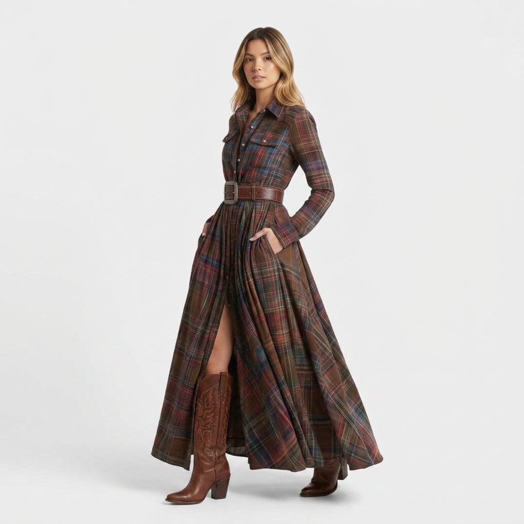 Paloma | Vestido Largo de Invitada Invierno Mujer Manga Larga Cuadros