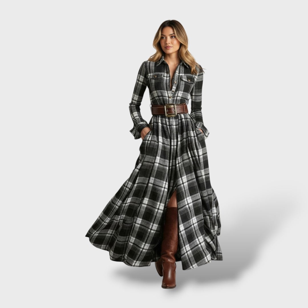 Paloma | Vestido Largo de Invitada Invierno Mujer Manga Larga Cuadros