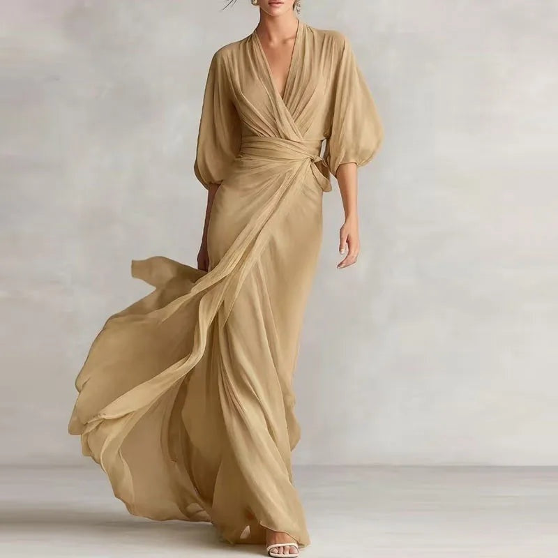 Paloma | Vestido Largo Drapeado de Invitada Mujer Manga Abullonada Escote V