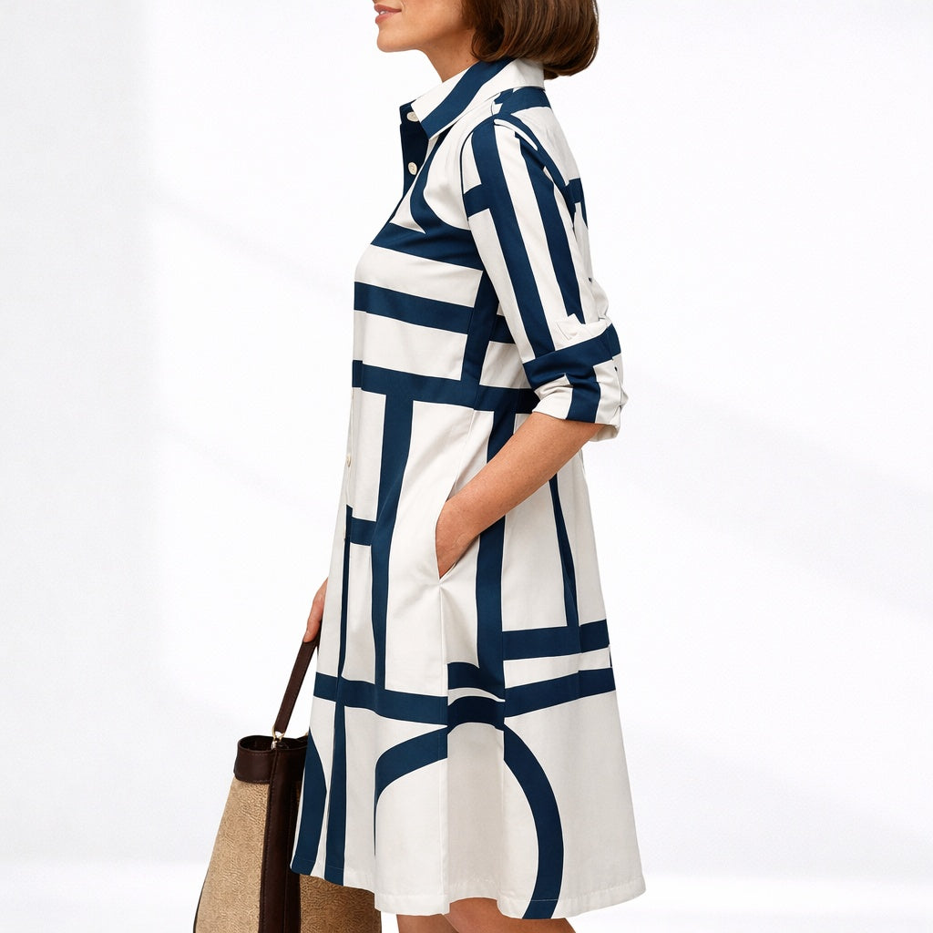 Paloma | Vestido Midi Camisero Estampado Geométrico Mujer Manga Larga