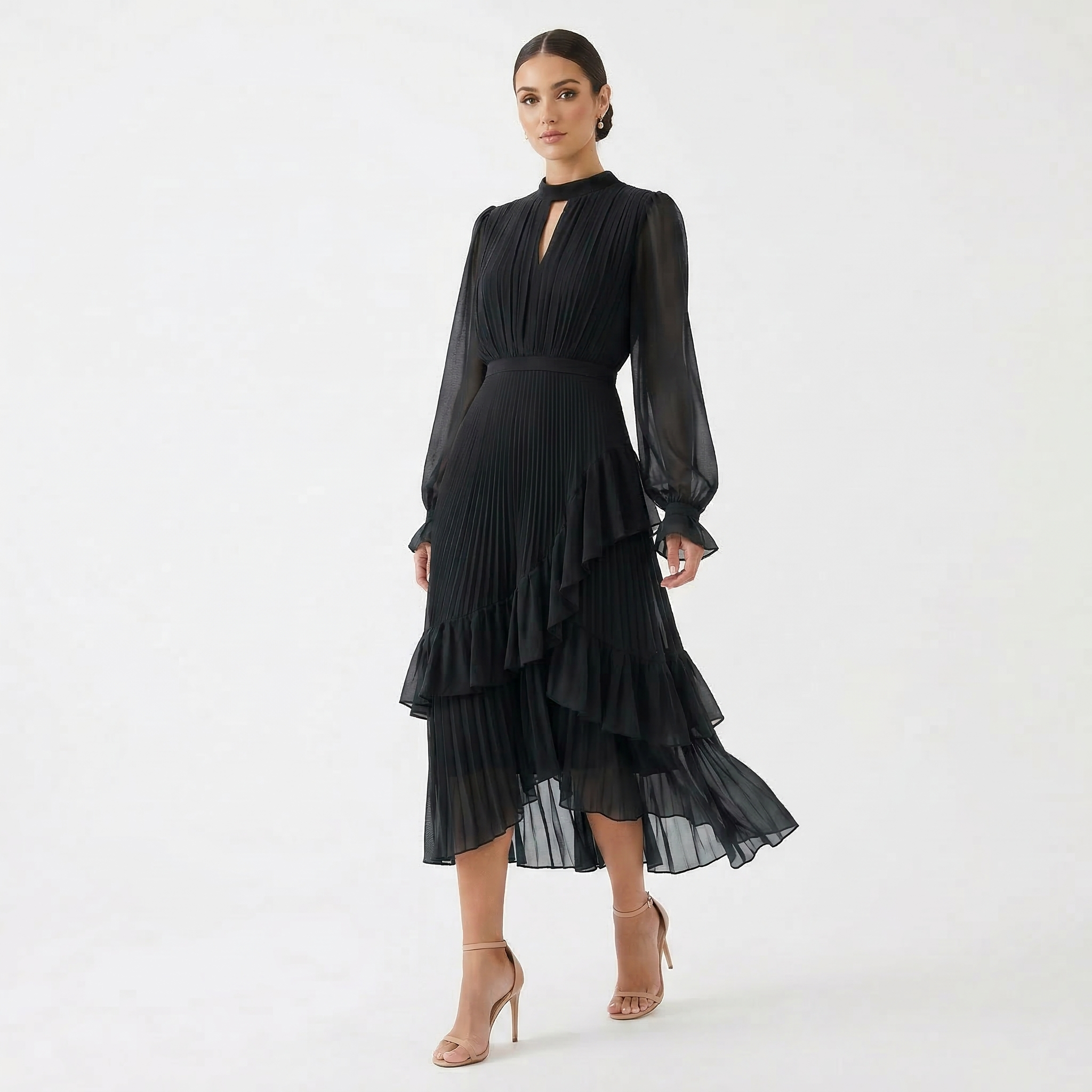 Paloma | Vestido Midi Plisado con Volantes Mujer Cuello Alto